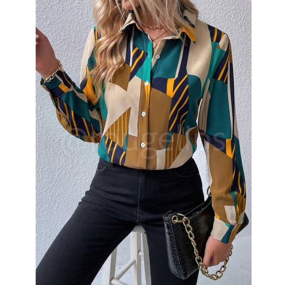 Geometric Colorblock Print Button Down Collared Long Sleeve Dress Shirt Top - Picture 4 of 7